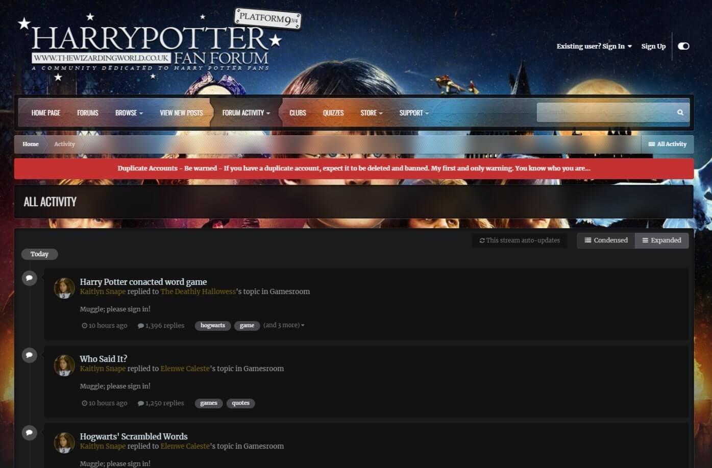 A screenshot of the Wizarding World page featuring the Harry Potter Fan forum page.