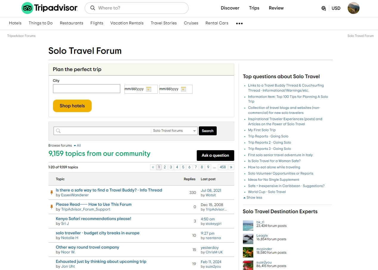A screenshot of TripAdvisor's solo travel forum page.