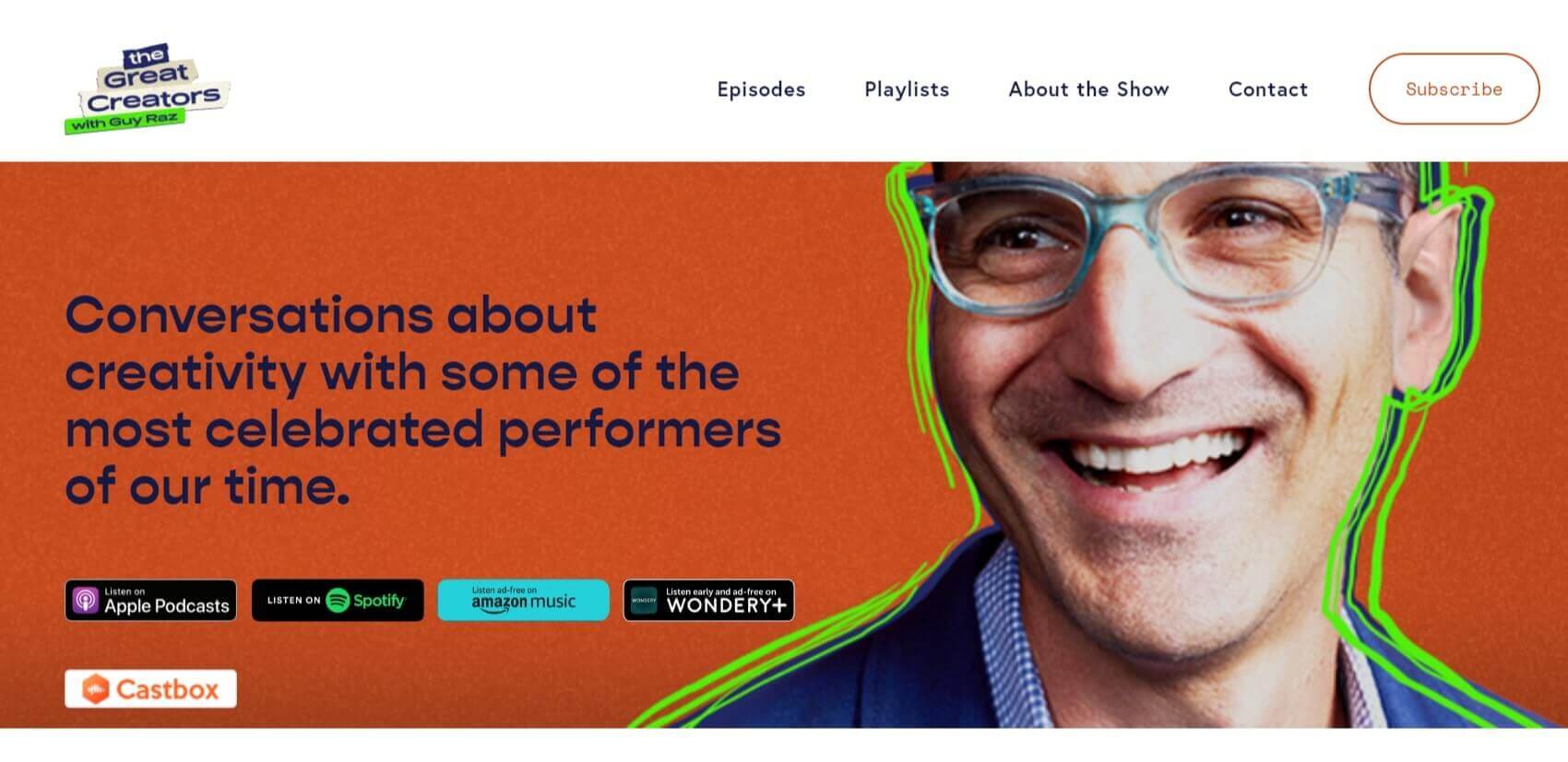 A screenshot of Guy Raz's podcast show website featuring him laughing.