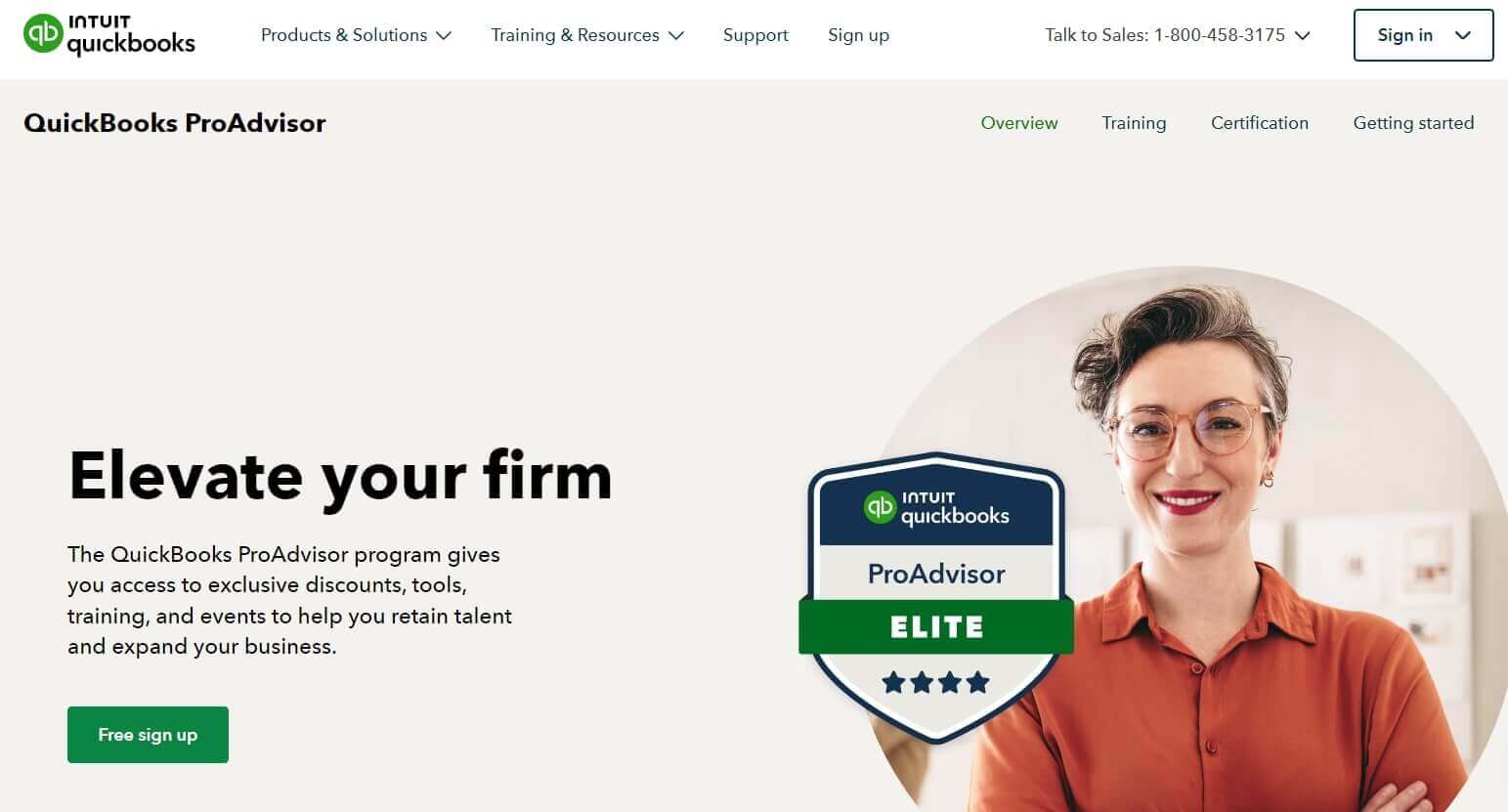 A screenshot of Intuit Quickbooks website telling site visitors to sign up to their ProAdvisor program for free.