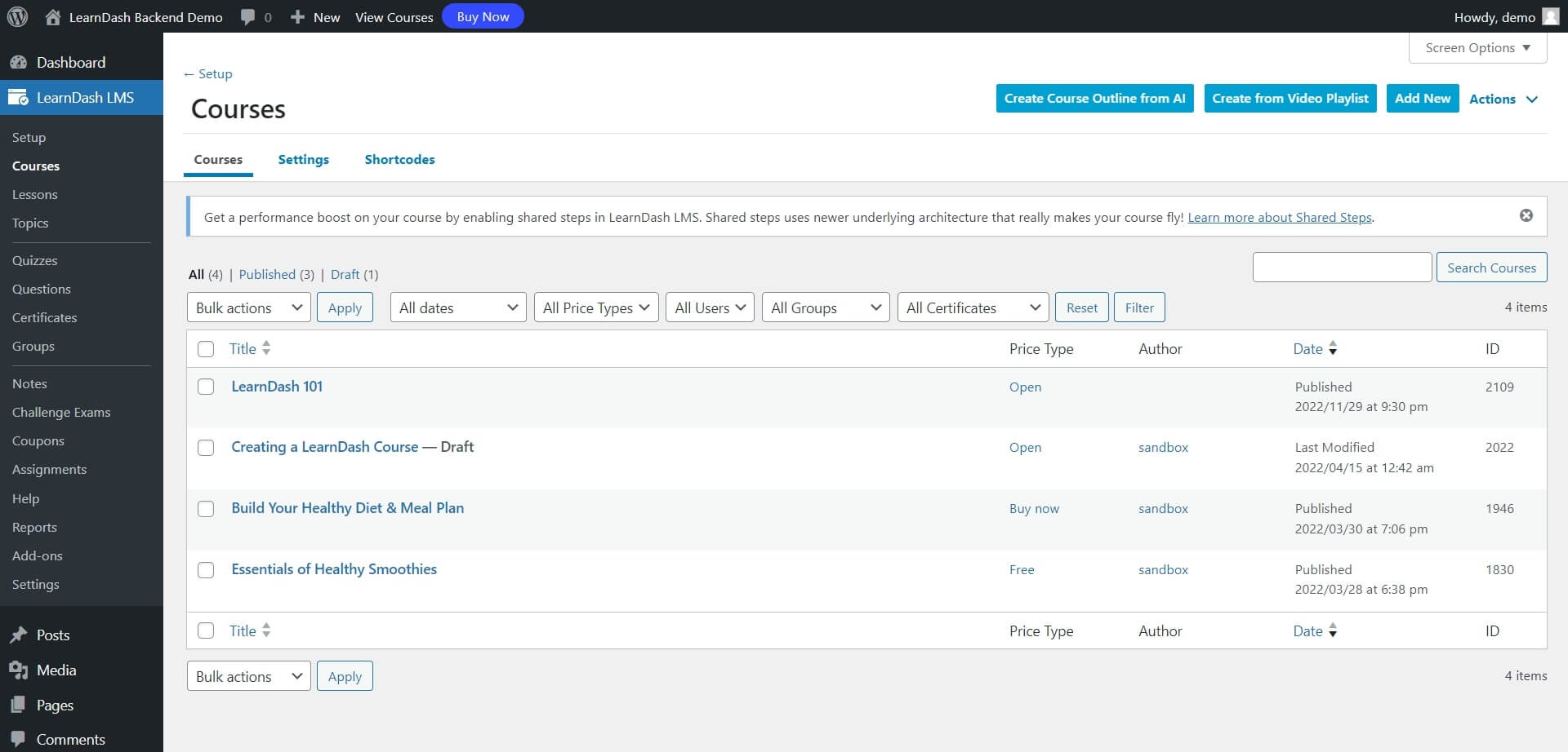  A screenshot showing LearnDash's interface and user dashboard.