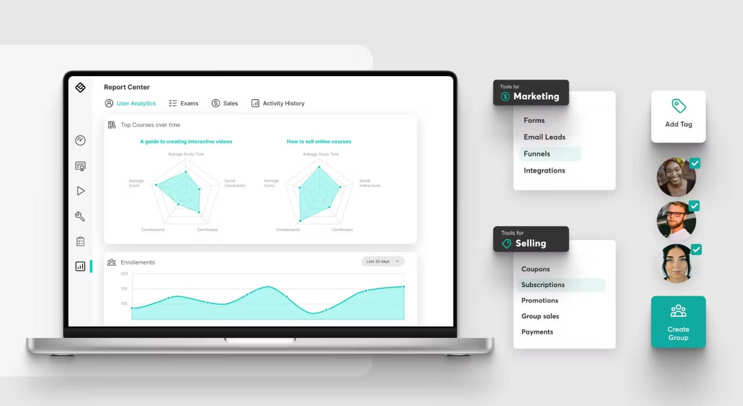 A screenshot showing LearnWorlds' platform interface and user dashboard.