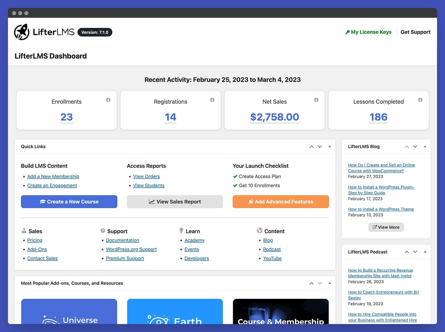 A screenshot showing LifterLMS' interface and user dashboard.