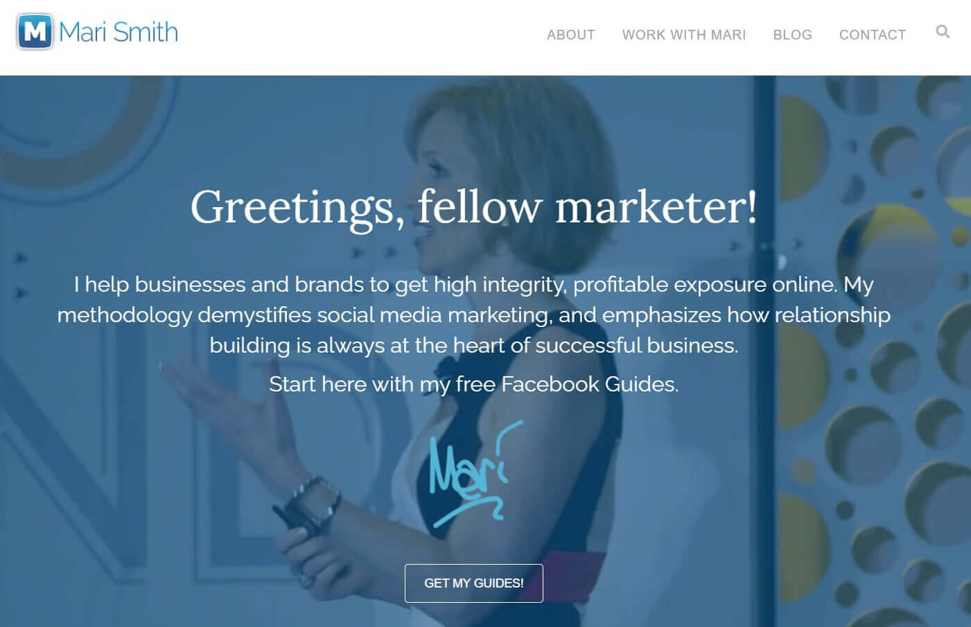 A screenshot of Mari Smith's website encouraging site visitors to get her free Facebook guides.