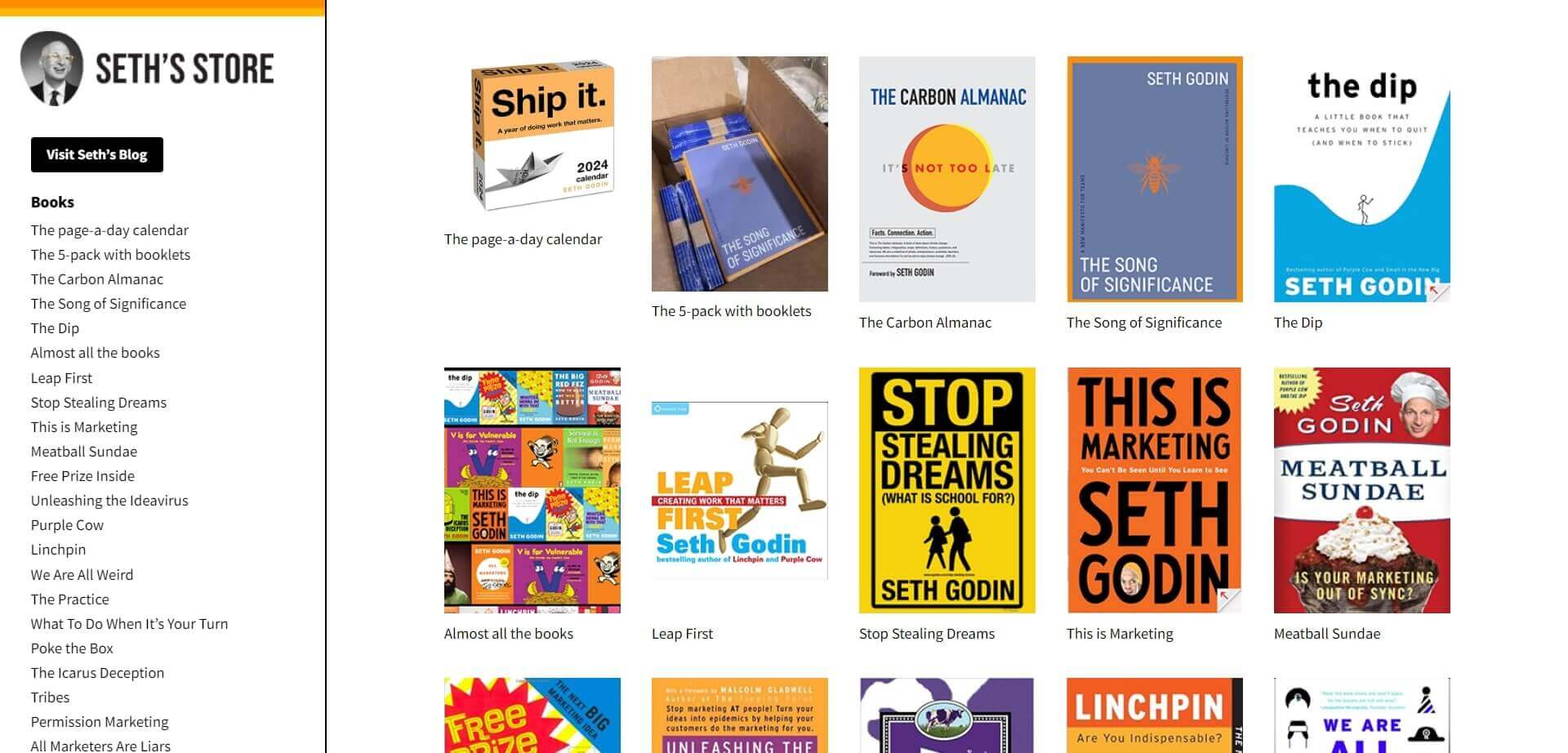 A screenshot of Seth Godin's online book store featuring several colorful book covers.
