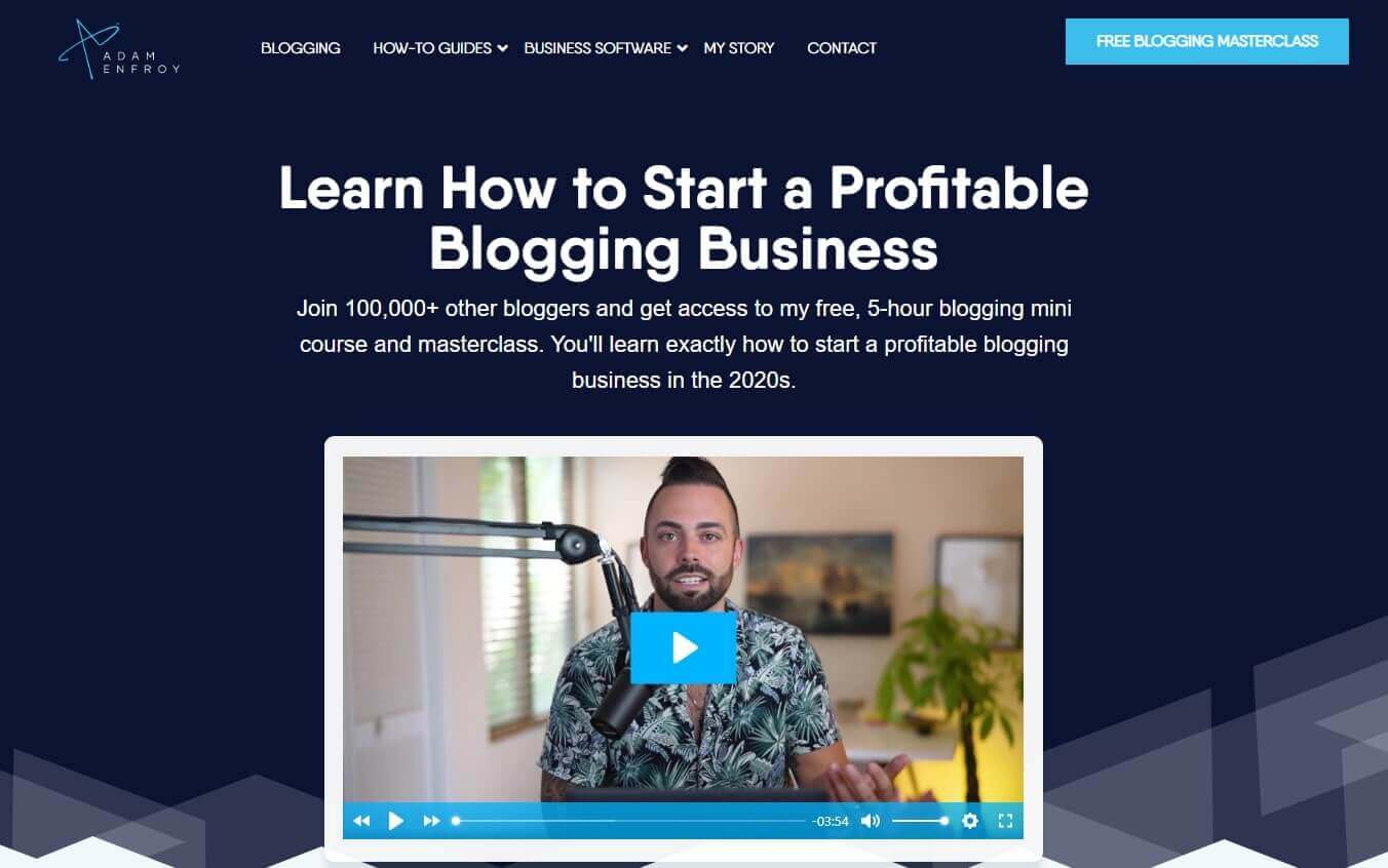 A screenshot of Adam Enfroy's blogging business website.