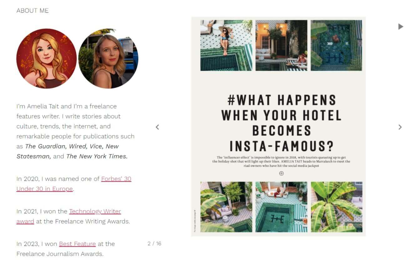A screenshot of Amelia Tait's website showing her About Me section and pieces of her work in freelance journalism.