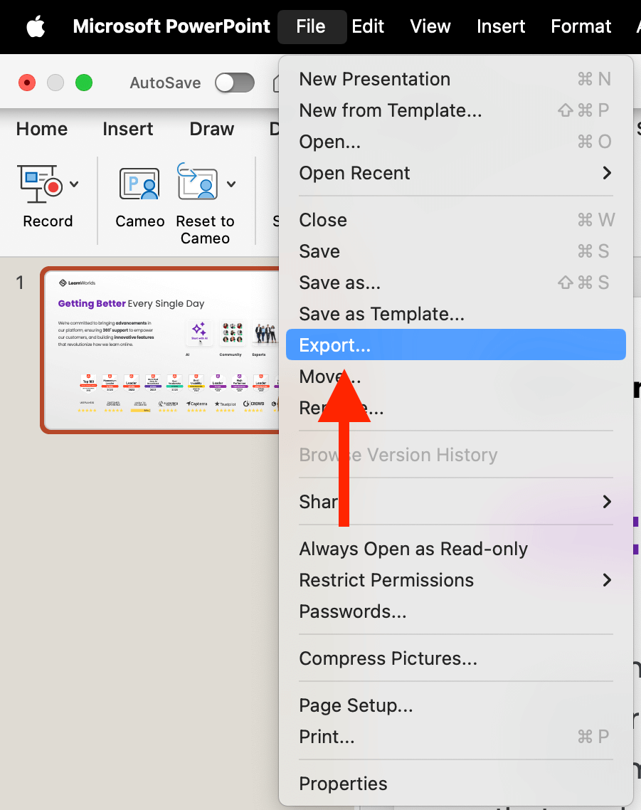 Exporting a video recording on a Mac. Showing the File menu with export selected.