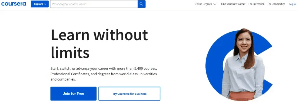 A screenshot from Coursera's website showing a woman on the right and a call to Join for free.