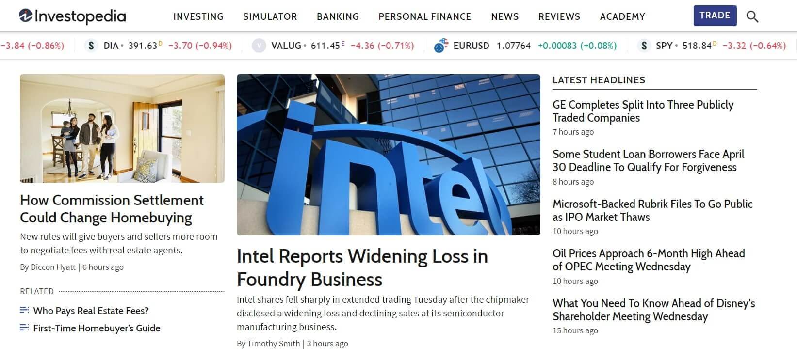 A screenshot of Investopedia showing the latest headlines, various article titles, and summaries.