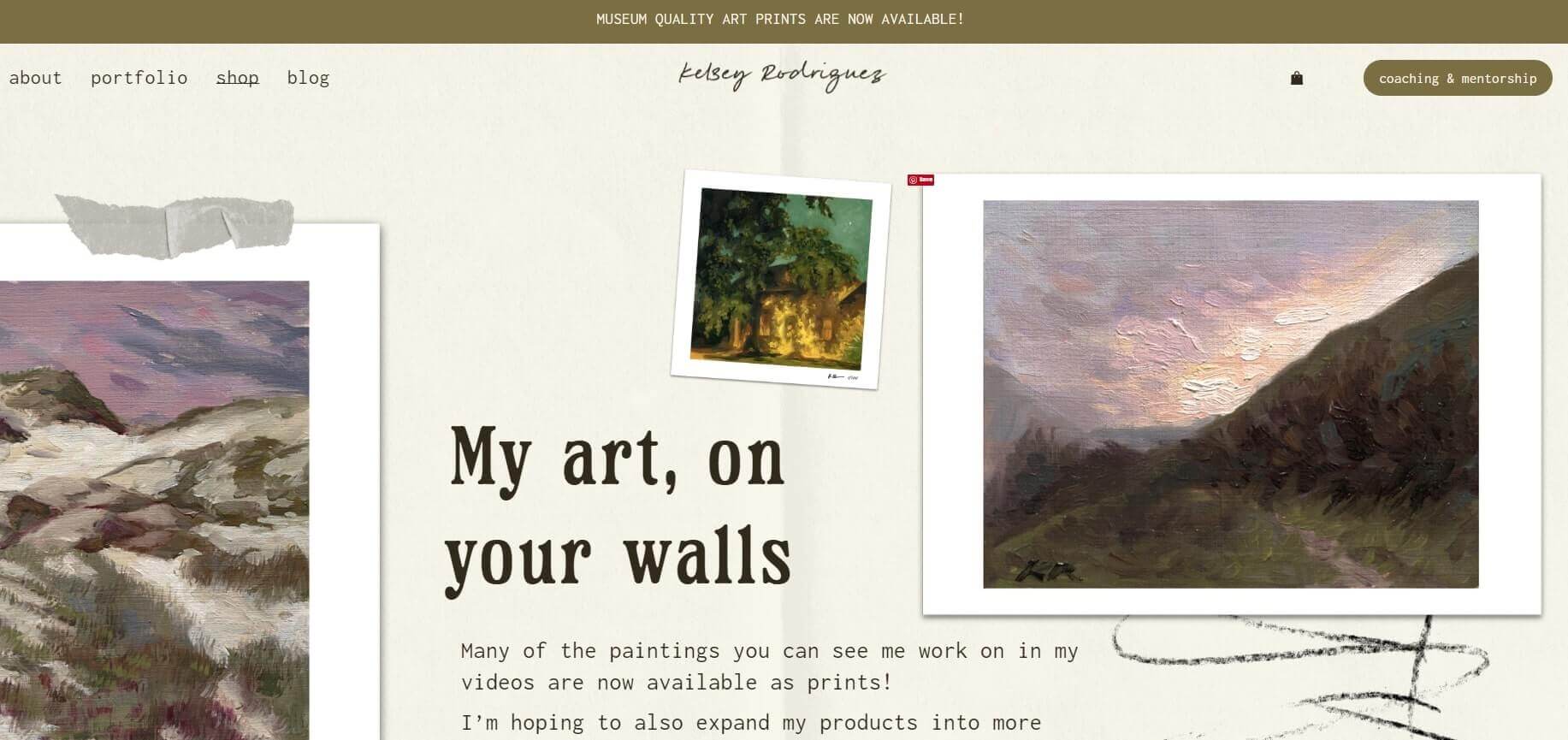A screenshot of Kelsey Rodriquez's website showcasing her art and prints.