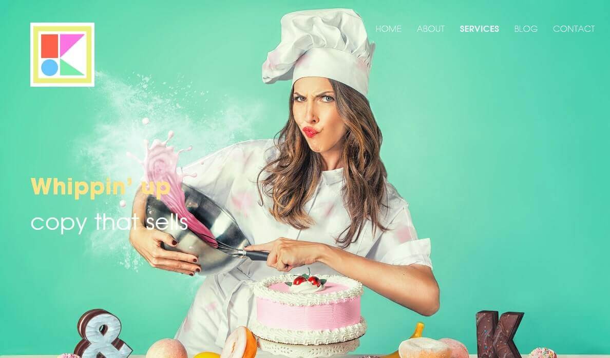 A screenshot of copywriter Kira Hug's website featuring her baking in front of a bright green-colored background.