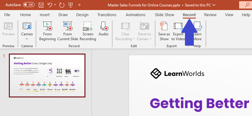 Selecting the record tab in Microsoft PowerPoint.