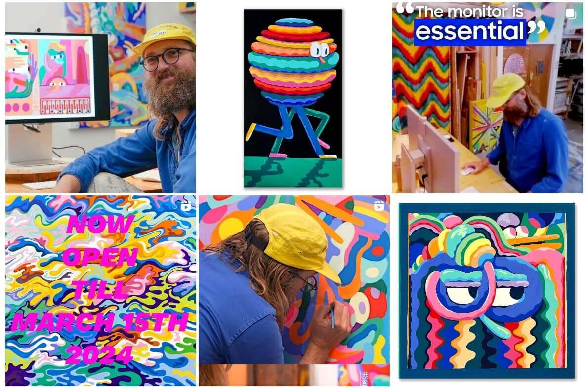 A screenshot of Mike Perry's colorful designs and posts on his Instagram profile.