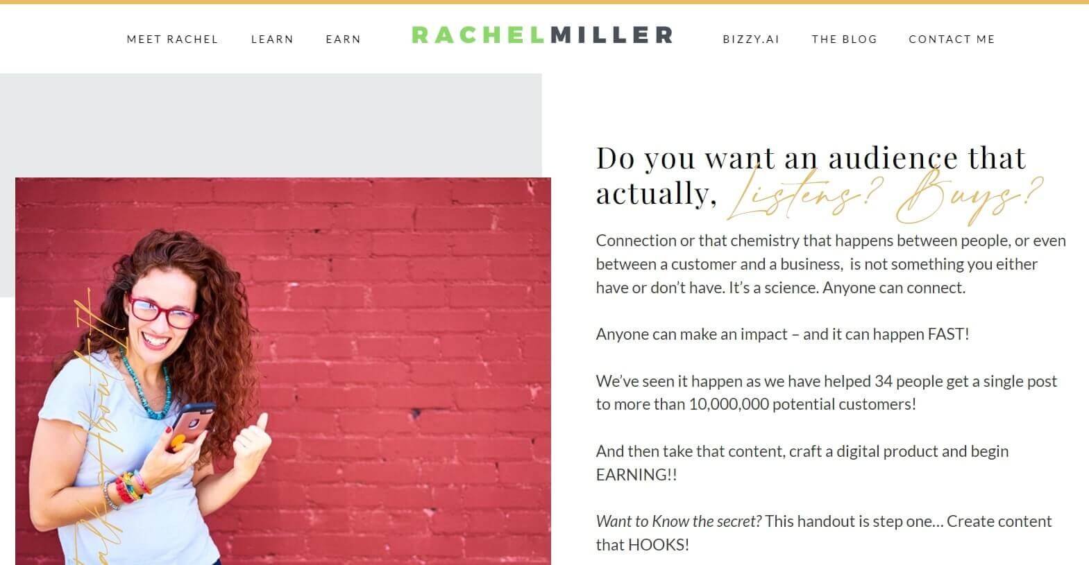A screenshot of Rachel Miller's website showing her holding a smartphone in front of a bright maroon background on the left, and encouraging site visitors to take action and learn what their audience wants on the right.