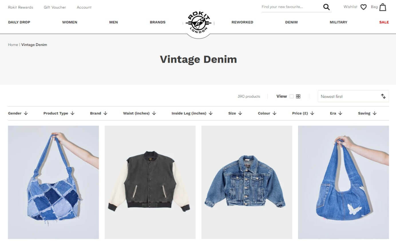 A screenshot of the Rokit Vintage website showcasing vintage denim clothes.