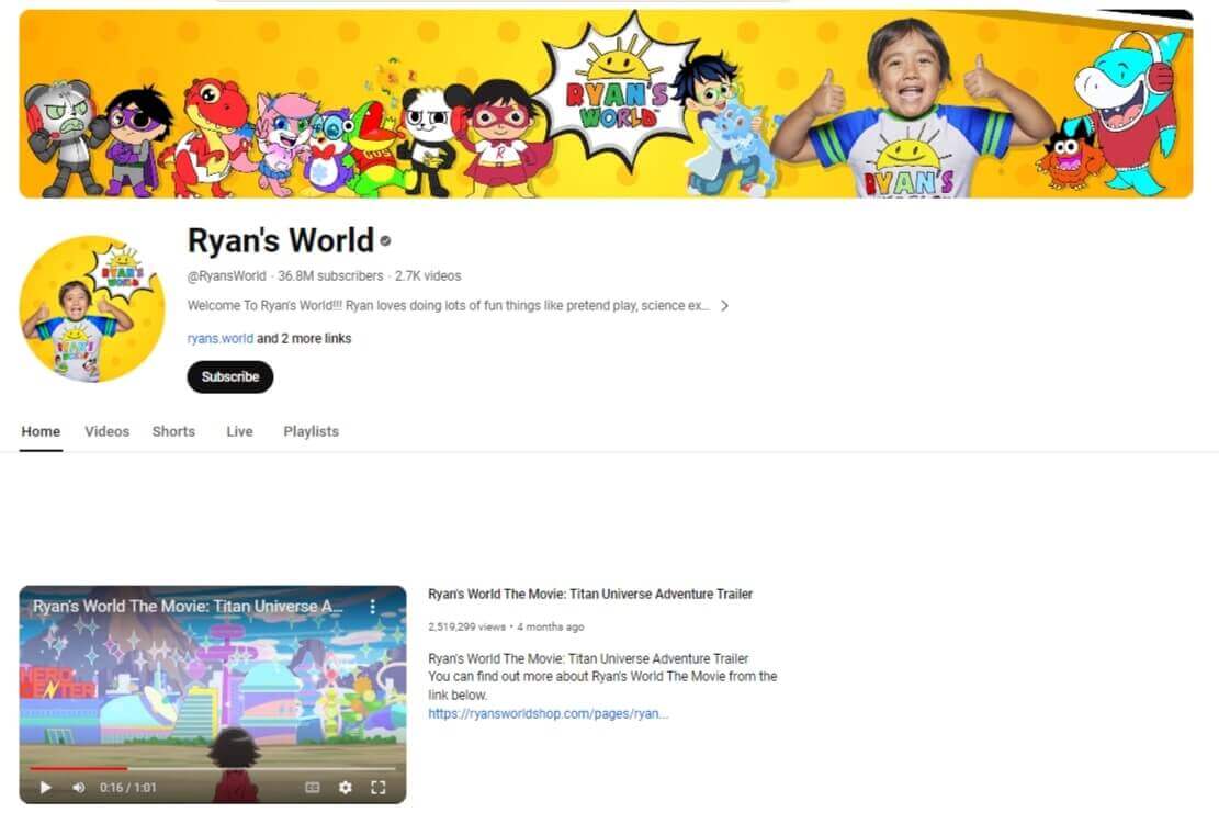 A screenshot of Ryan's World YouTube channel.