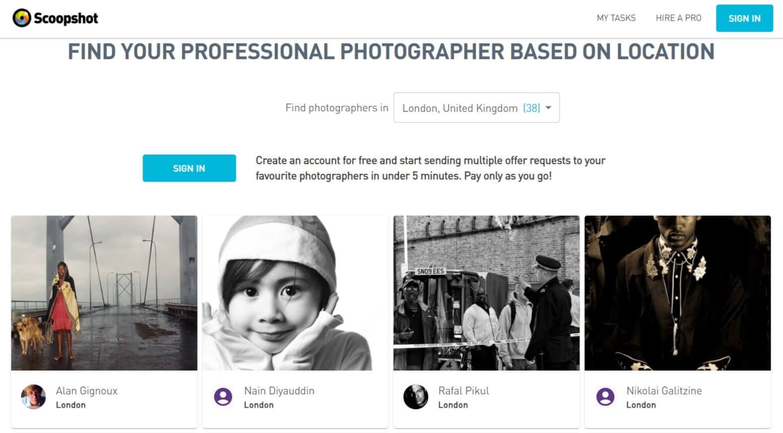 A screenshot of Scoopshot website featuring the creations of professional photographers and encouraging site visitors to create an account for free.
