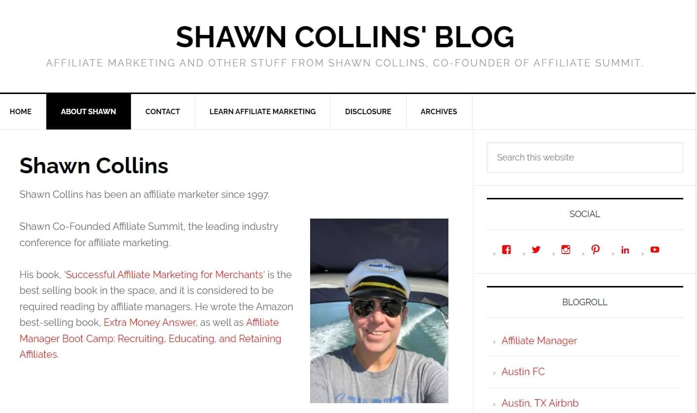 A screenshot of affiliate marketer Shwan Collin's blog showing the About Me section and professional summary.