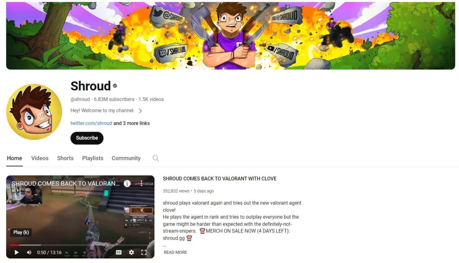 A screenshot showing the YouTube channel of esport player Shroud.