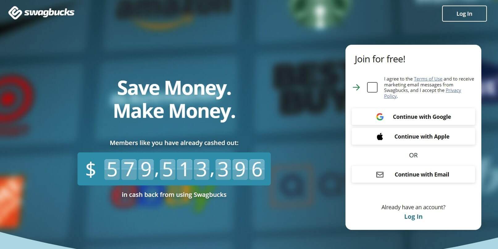 A screenshot of the Swagbucks website encouraging visitors to join in for free.