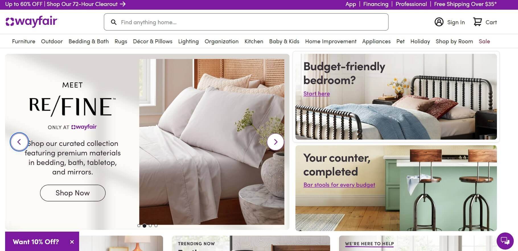 A screenshot of Wayfair company featuring home goods such as bed linen and counters.