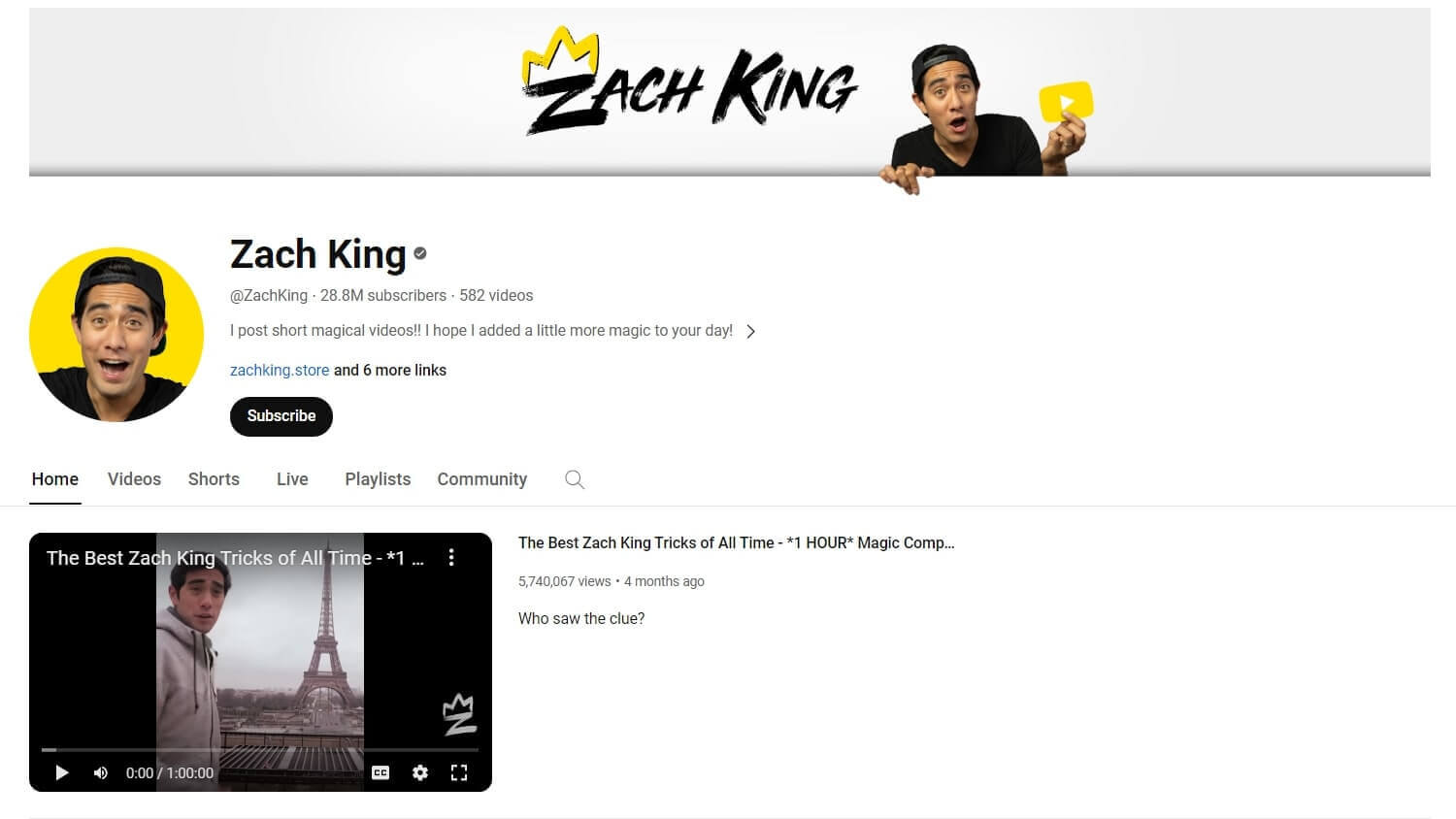 A screenshot of video editor Zach King's YouTube channel.