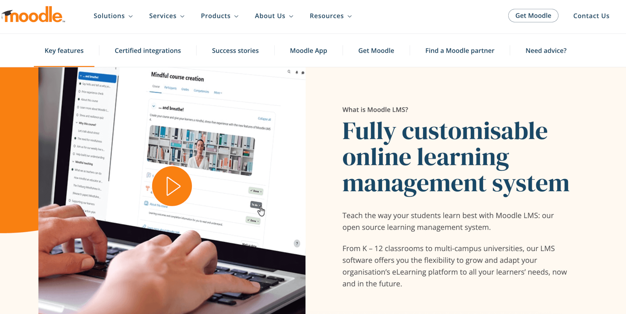 Moodle LMS landing page showcasing its flexible, open-source platform for customizable online learning across schools and institutions.