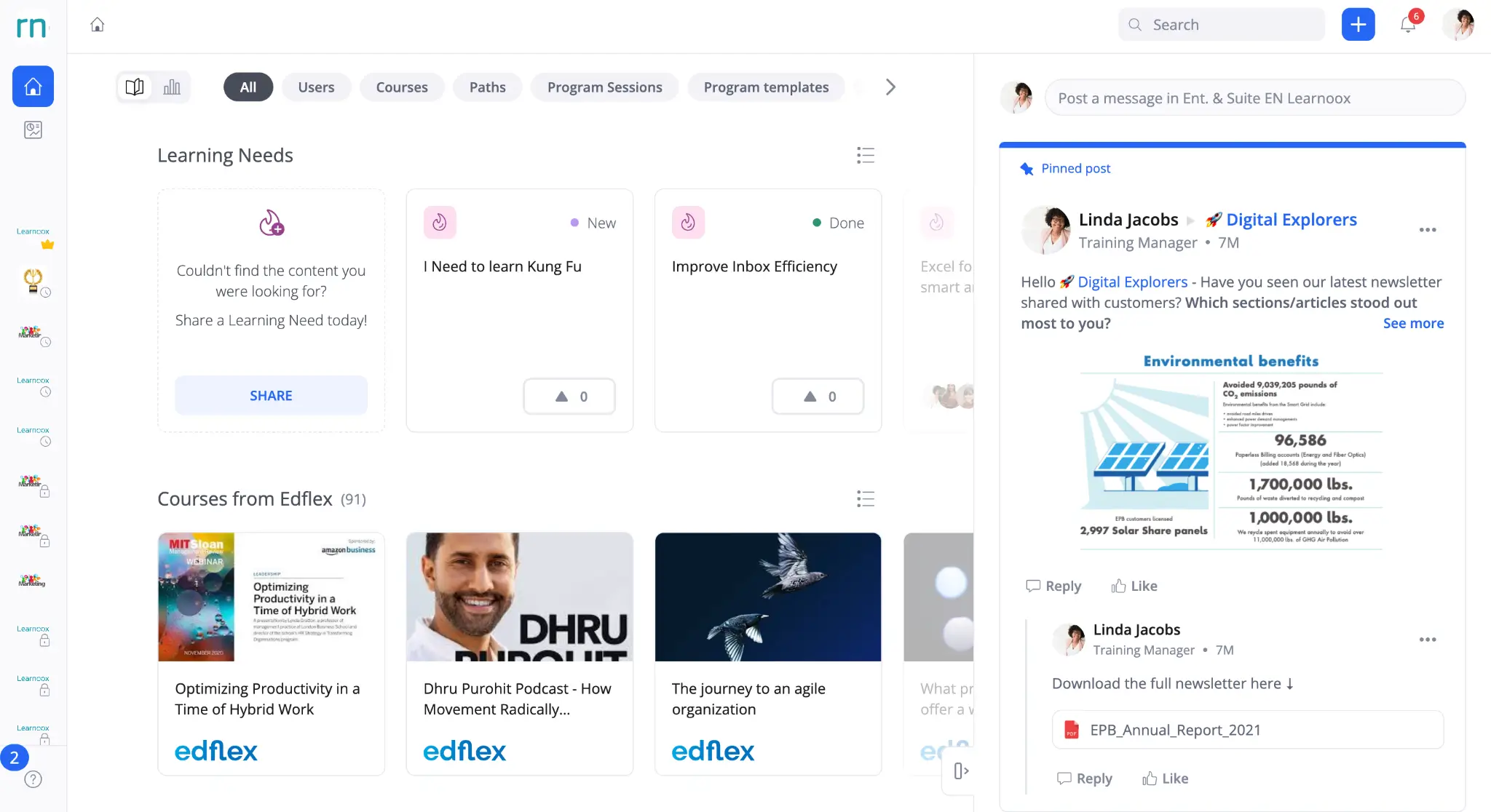 360Learning dashboard with learning needs, courses, and posts