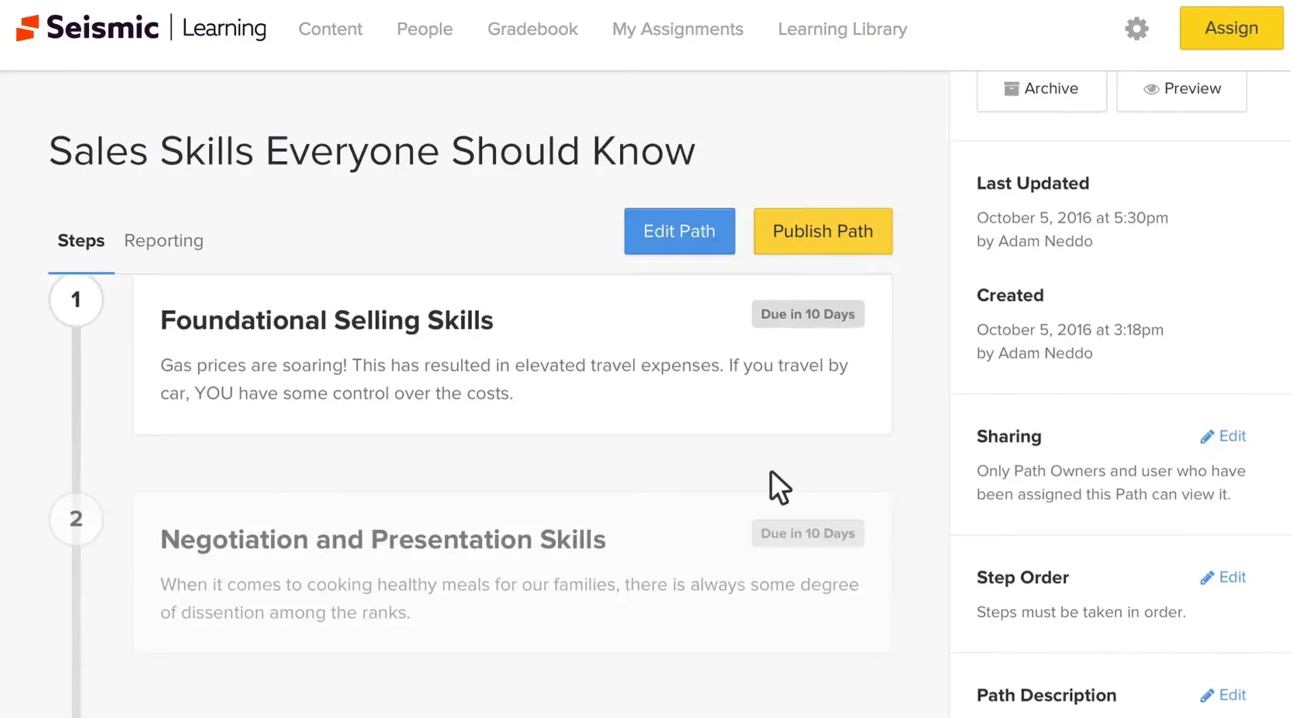 a screenshot of Lessonly LMS's user interface for admin with a sample sales skills course.