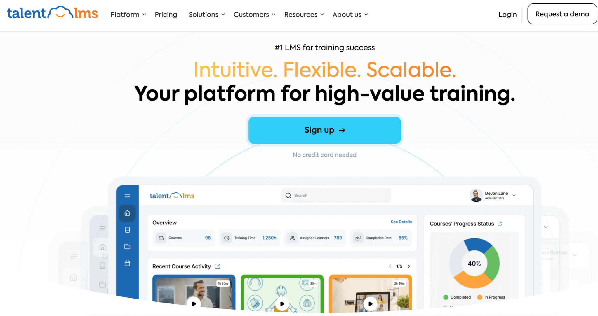 TalentLMS homepage mentioning it is an intuitive, scalable platform built for high-impact, flexible training success.