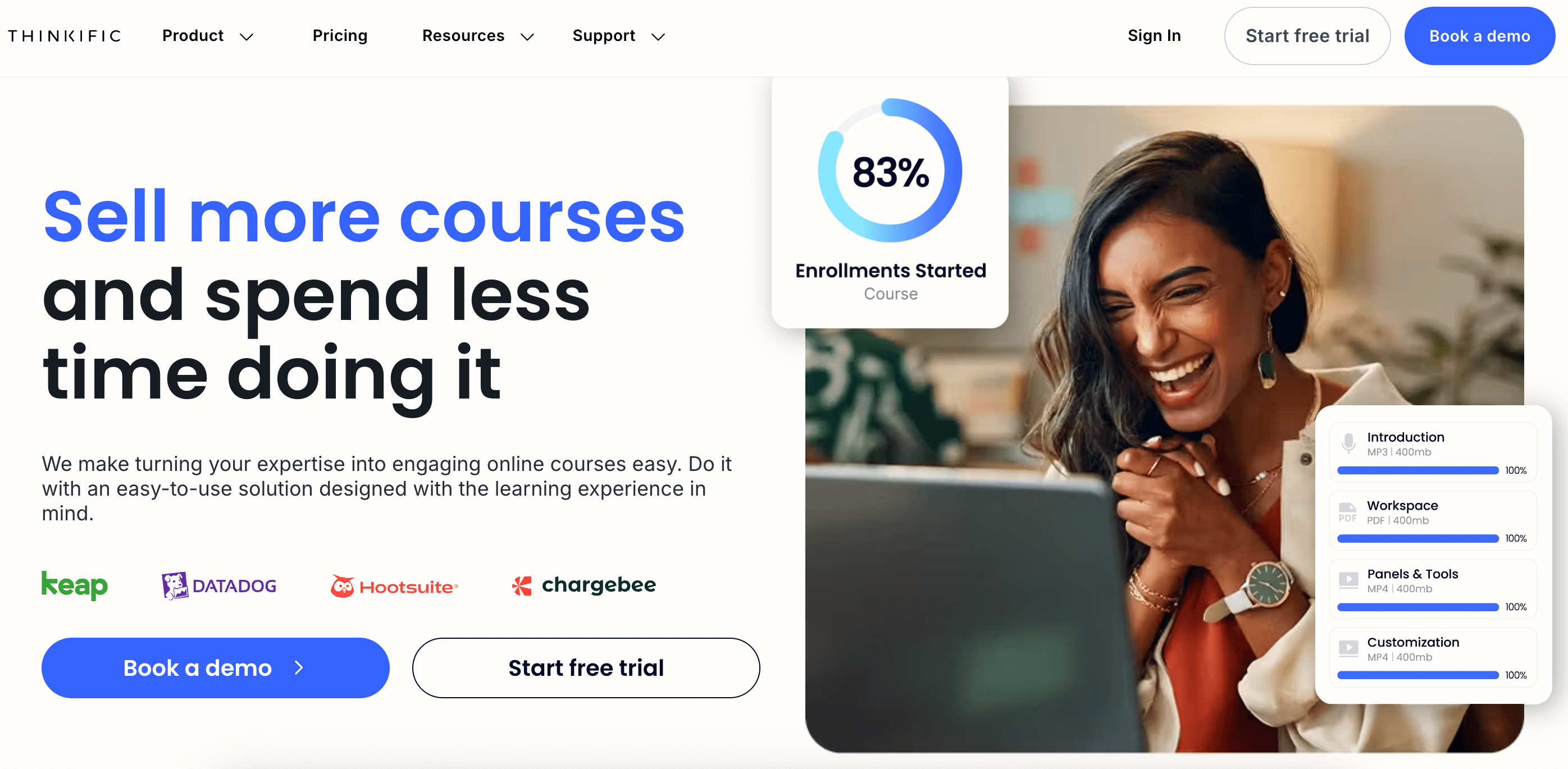 Thinkific homepage describing how the platform helps you sell more courses, faster—without sacrificing time or ease of use.