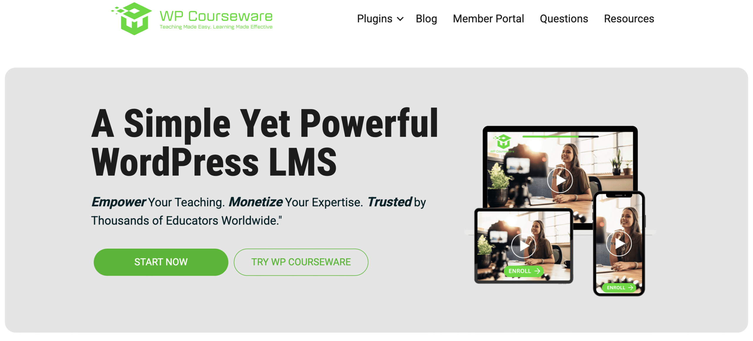 WP Courseware homepage promoting a simple yet powerful WordPress LMS with call-to-action buttons and preview images on various devices.