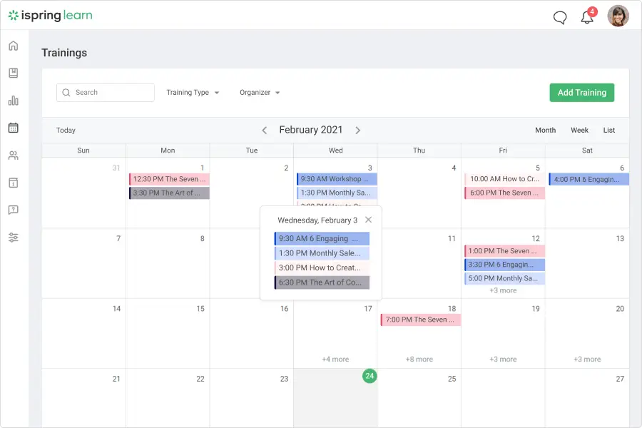 iSpringLearn training calendar for a month