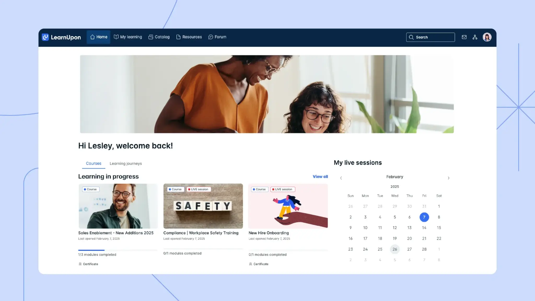LearnUpon welcome screen with learning progress and live sessions