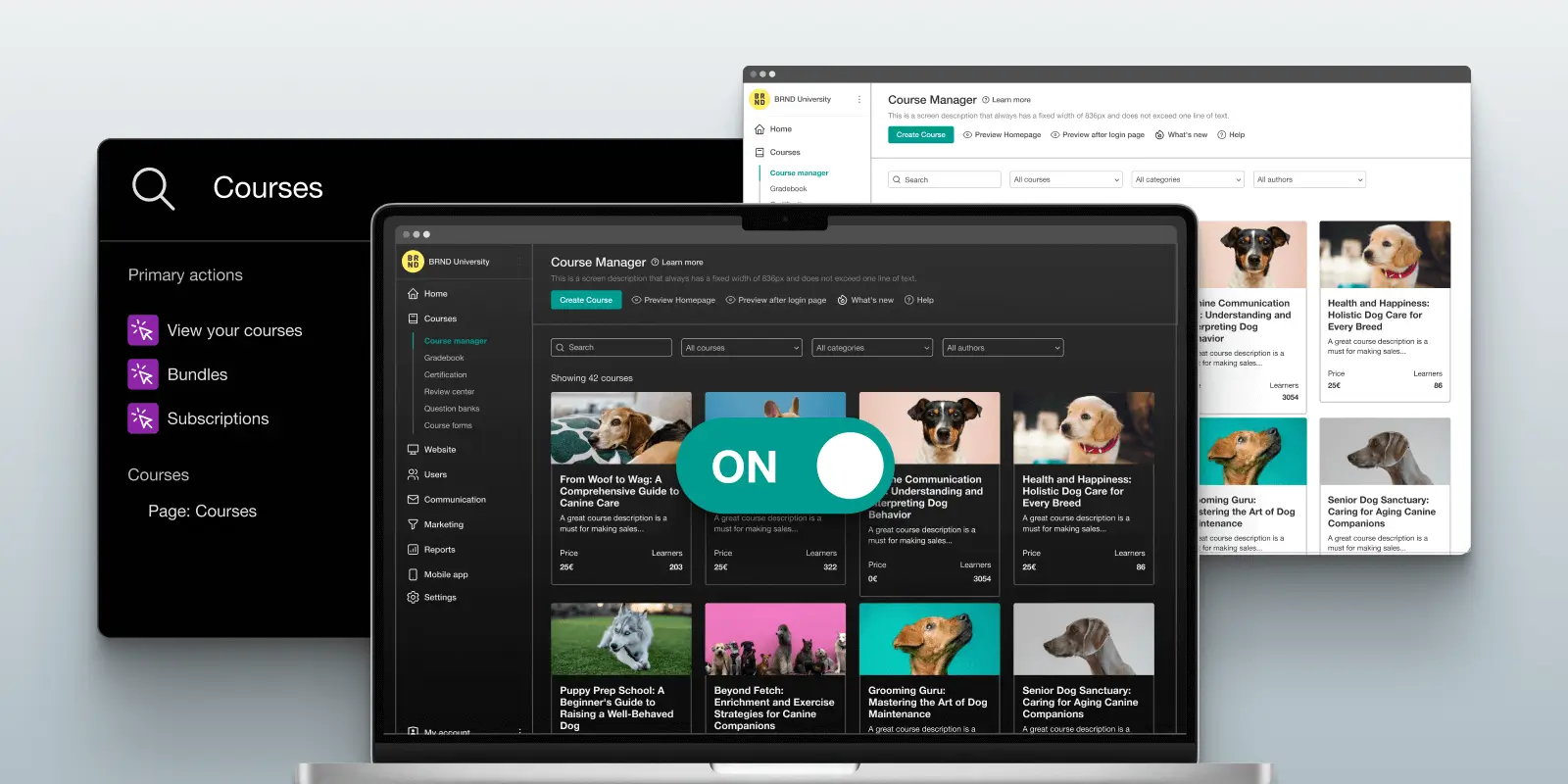 An image showing the LearnWorlds dashboard and the course interface.