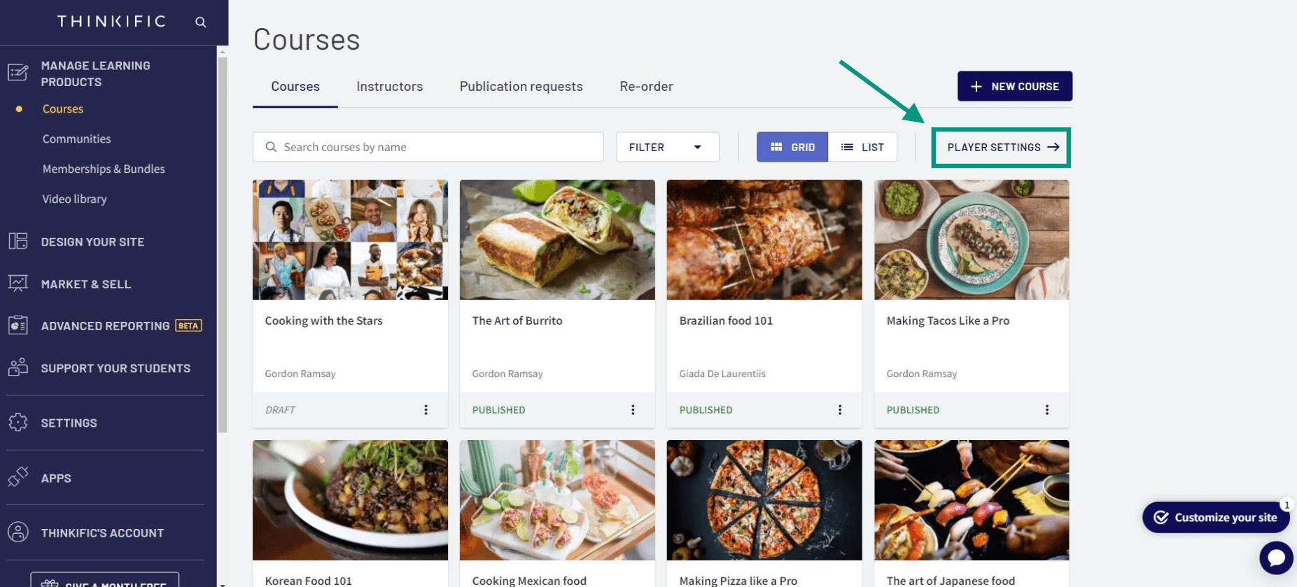 A screenshot showing Thinkific's platform interface.