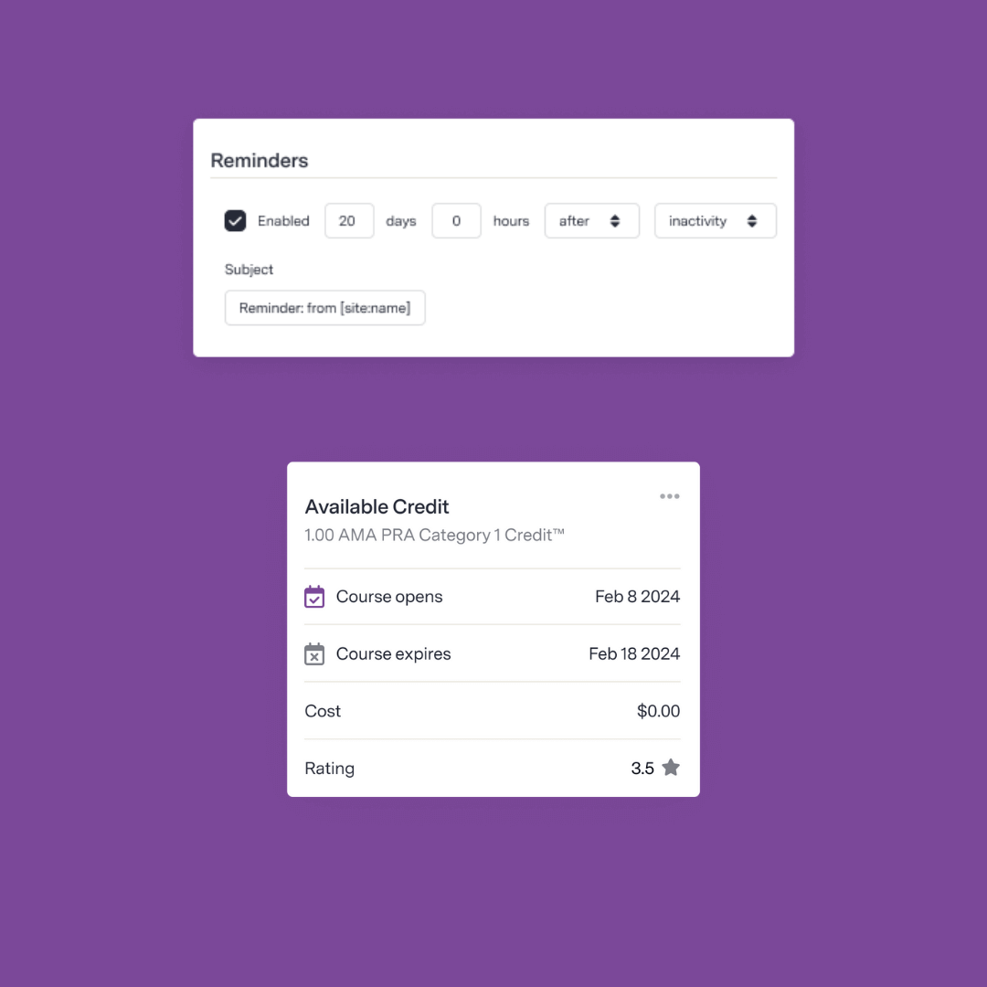 Ethos CE LMS functionalities for reminders and course credits