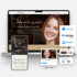 An image showing a landing page that features a smiling woman on a black background laptop screen and smaller icons around it.