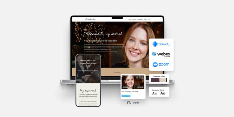 An image showing a landing page that features a smiling woman on a black background laptop screen and smaller icons around it.