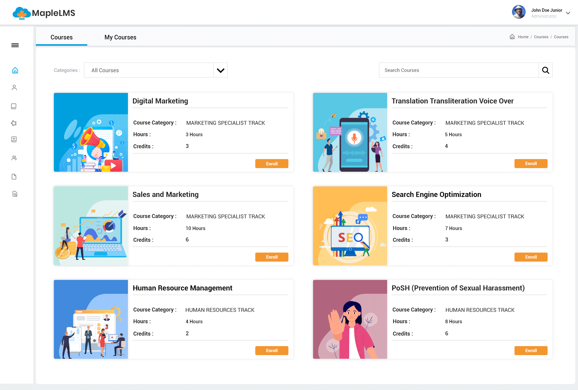 MapleLMS courses displayed on the platform's interface
