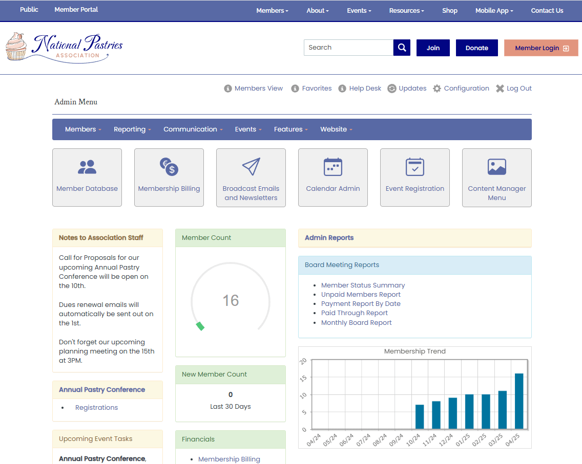 MemberLeap LMS for associations interface with an admin menu for an association