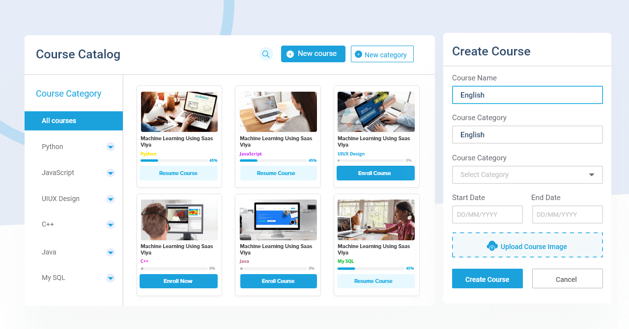 Paradiso LMS displaying course catalog and course creation options
