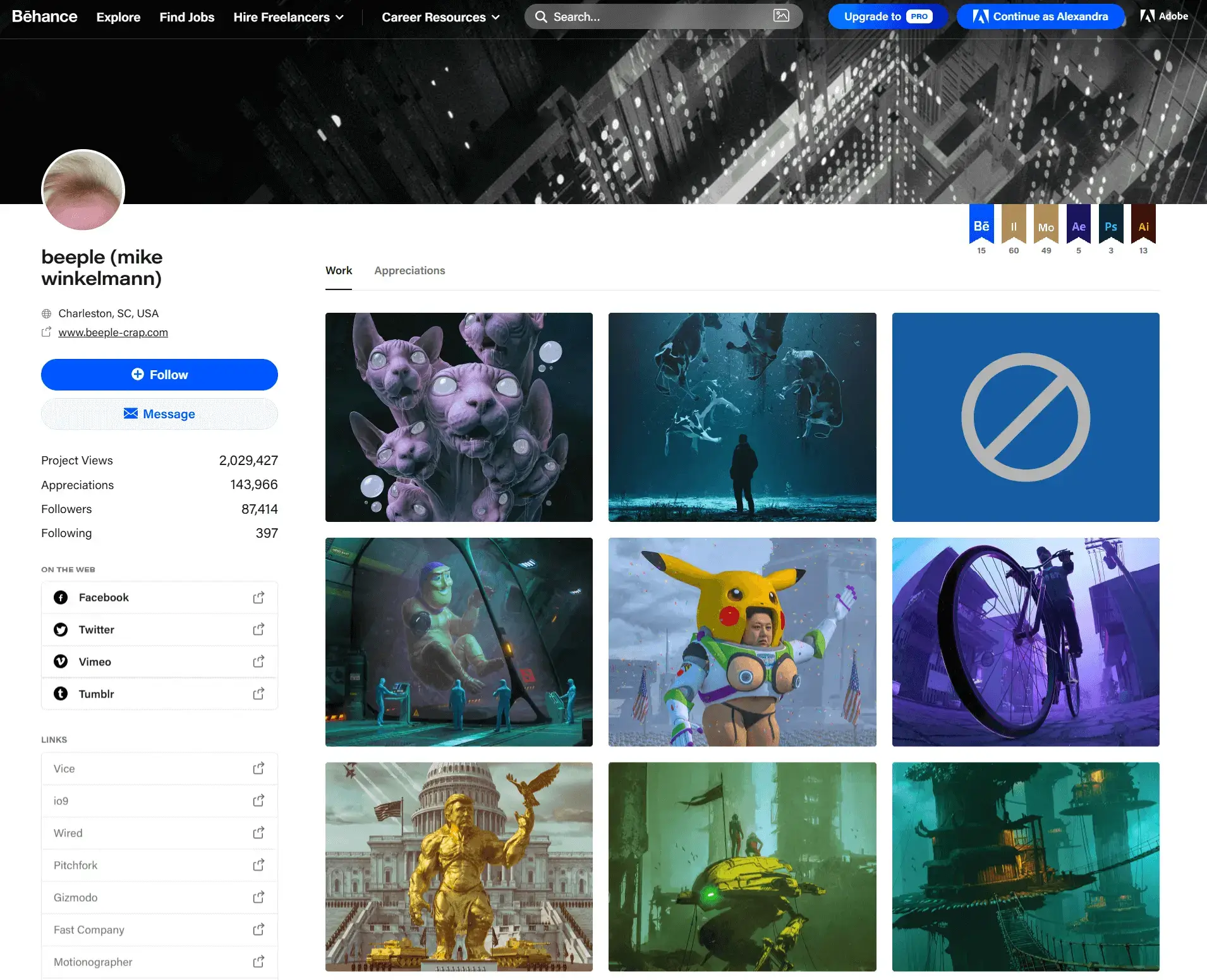 Behance profile for beeple with design samples