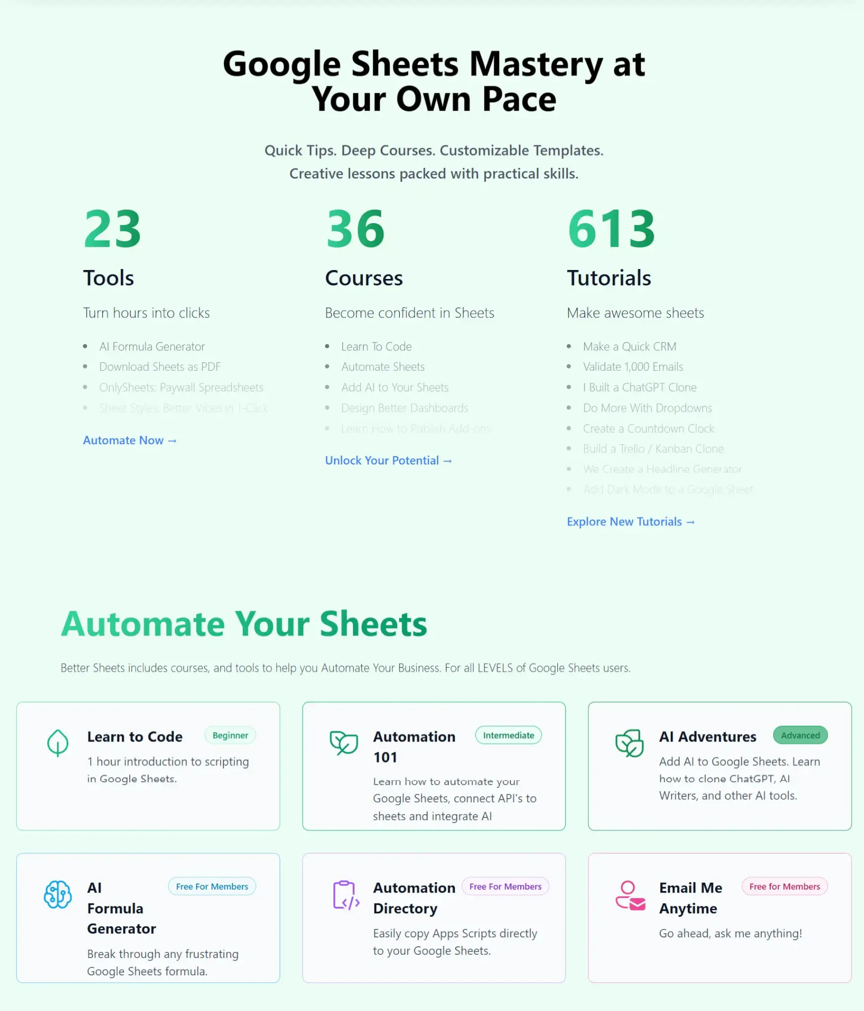 Google Sheets mastery course offering with tools, courses, tutorials, and more