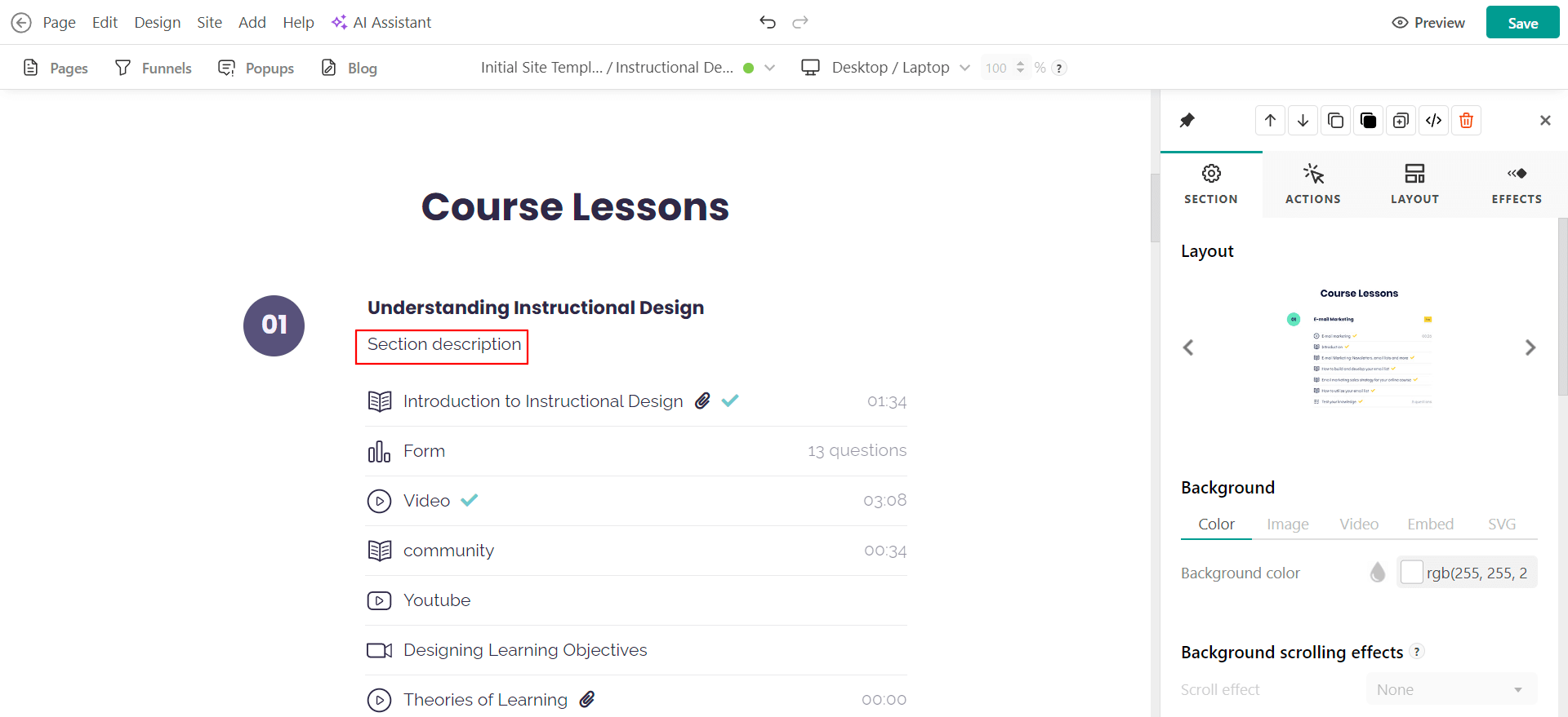 Customizable course layout page in LearnWorlds