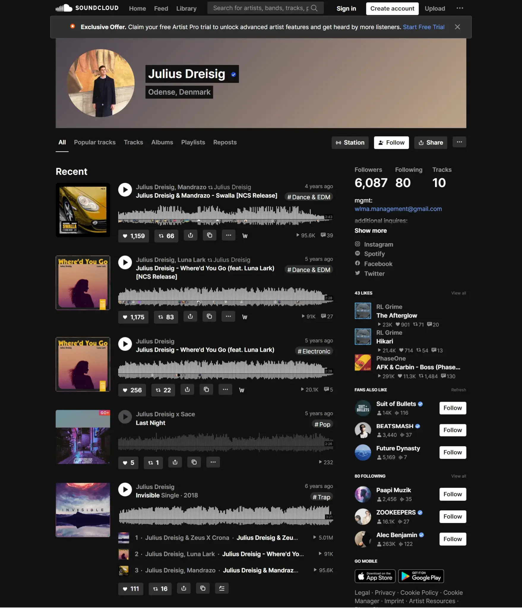 Julius Dreisig SoundCloud profile with different songs