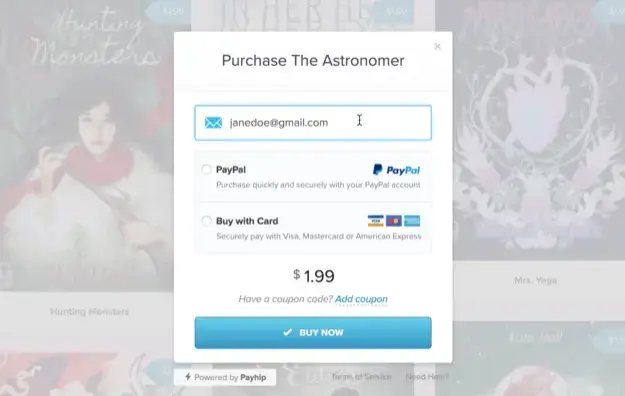 Payhip's payment process with options to use PayPal or credit card.