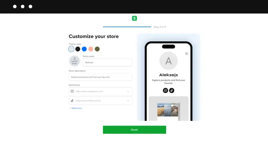 Sellfy's customization options showing different colors and how they would display on a mobile phone.