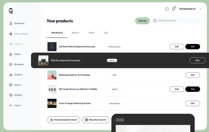 SendOwl's admin dashboard displaying your products
